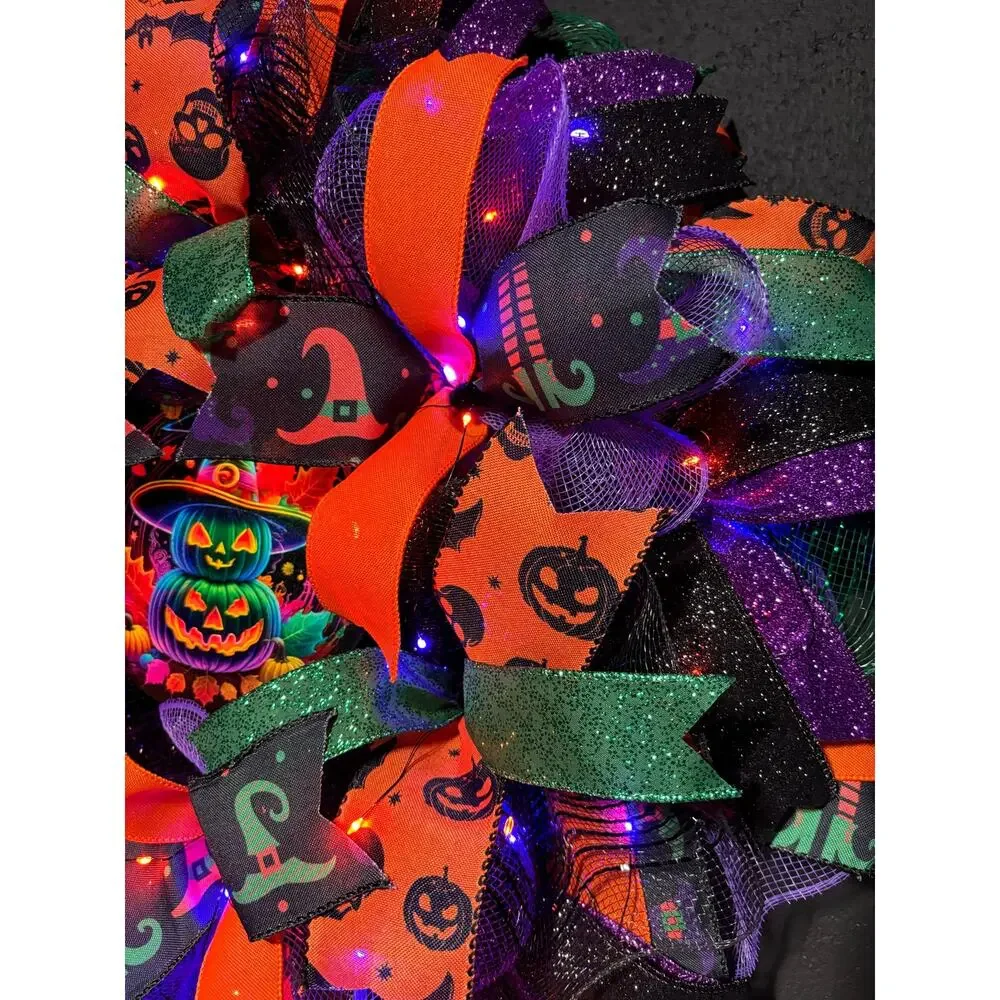 Pre Lit Halloween Wreath Glowing Pumpkin Light Up 24 Inch Handmade Deco Mesh